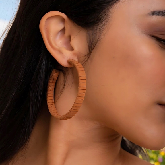 🆕 Boho Chic Large Brown Suede Textured Statement Fashion Trendy Hoop Earrings - Picture 4 of 12